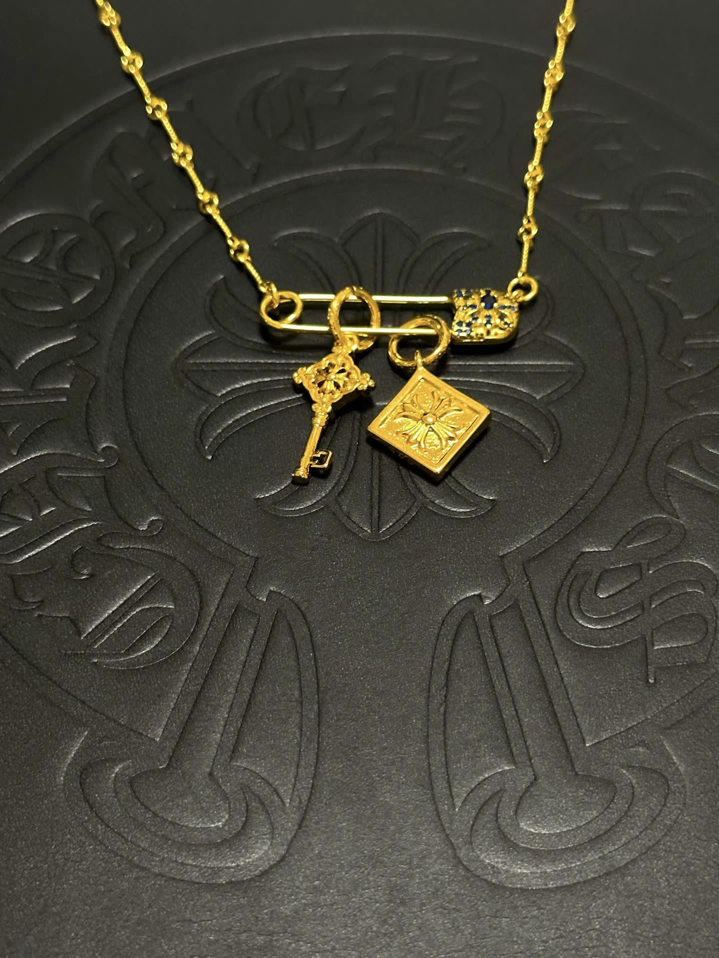 Chrome Hearts Gold-Plated Necklace with Key and Square Charm